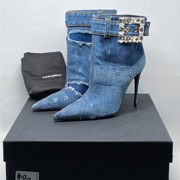 DOLCE & GABBANA Patchwork denim ankle boots with rhinestone buckle - Picture 14 of 16
